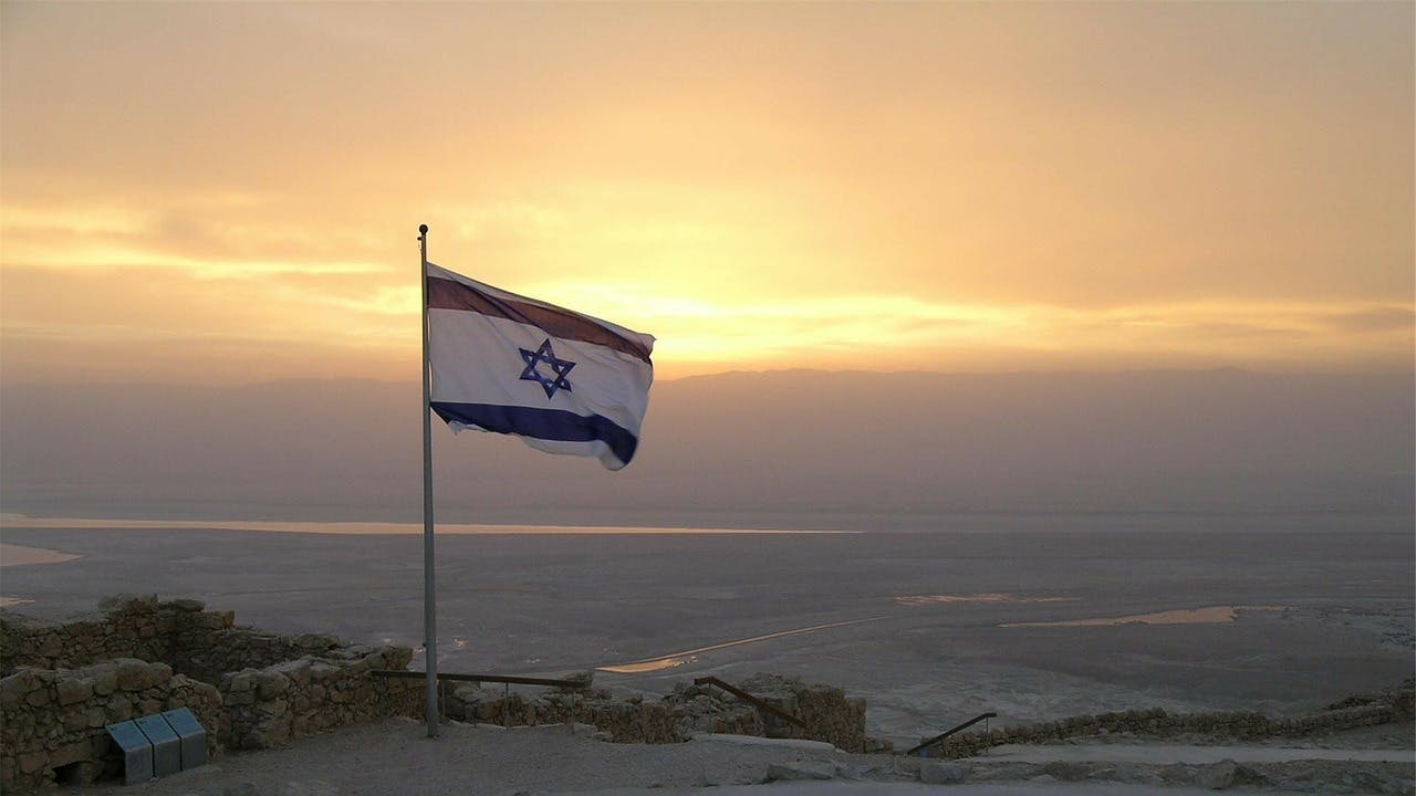 The flag of Israel on a mountain